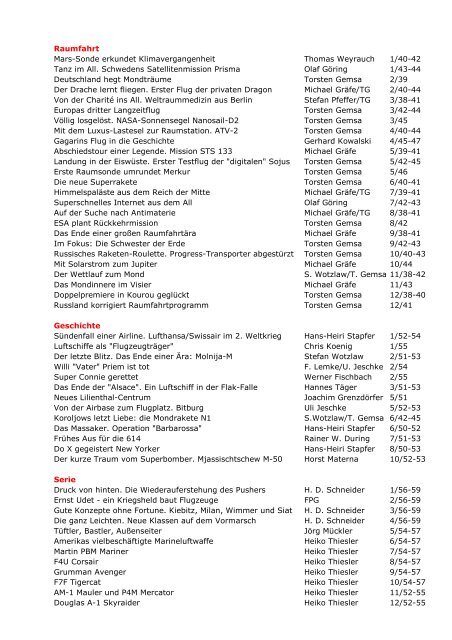 Jahresinhaltsverzeichnis FLiEGERREVUE 2011