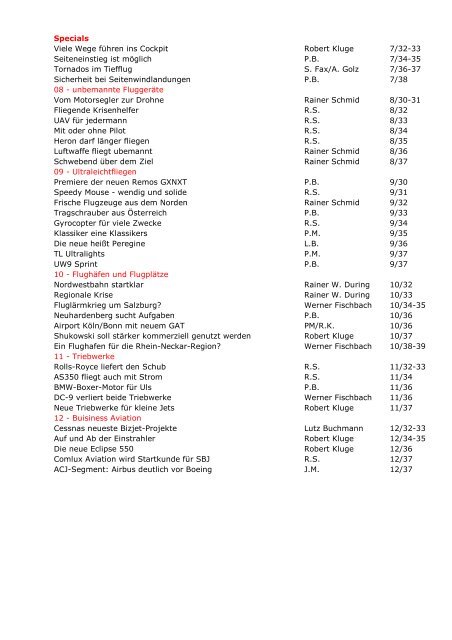 Jahresinhaltsverzeichnis FLiEGERREVUE 2011