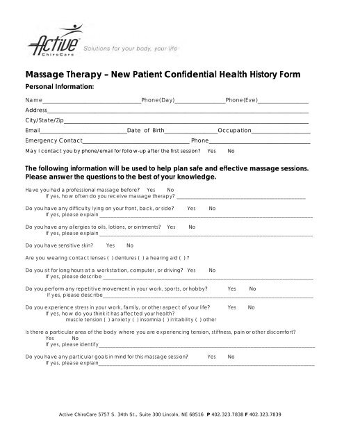 Massage Therapy â New Patient Confidential Health History Form
