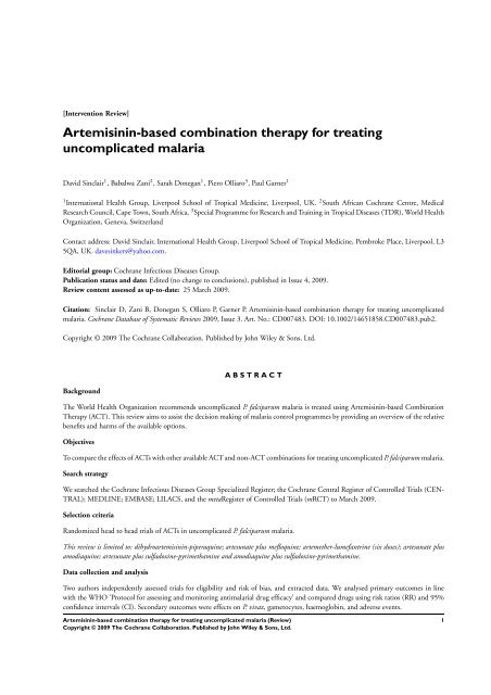 Artemisinin-based combination therapy for ... - The Cochrane Library