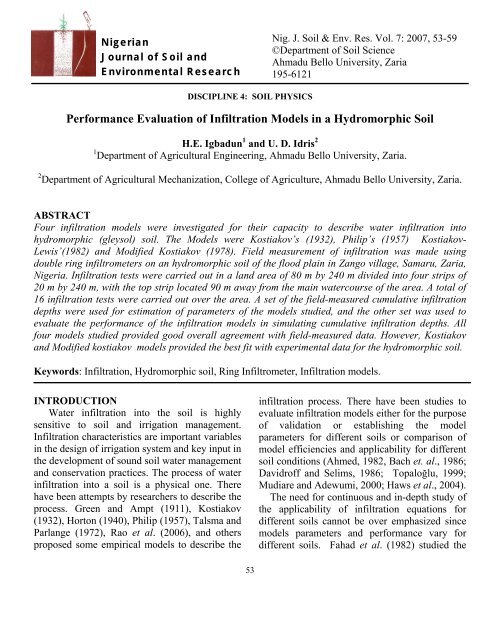 Performance Evaluation of Infiltration Models in a Hydromorphic Soil