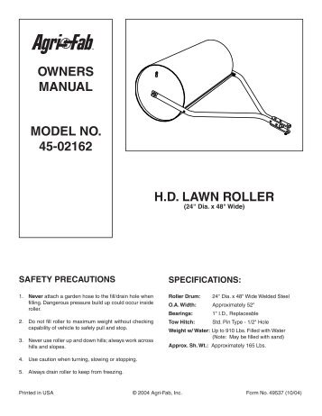 owners manual model no. 45-02162 hd lawn roller - Agri-Fab