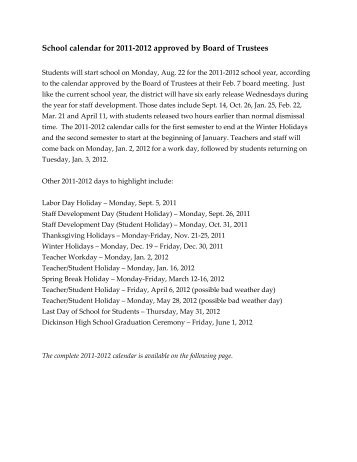 School calendar for 2011-2012 approved by Board ... - Dickinson ISD