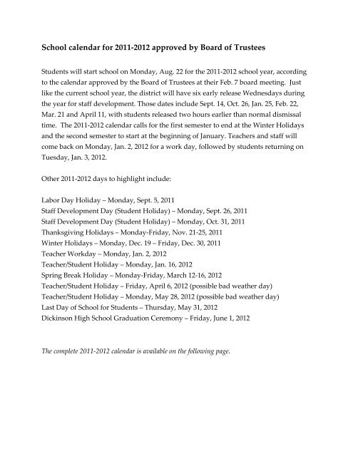 School calendar for 2011-2012 approved by Board ... - Dickinson ISD