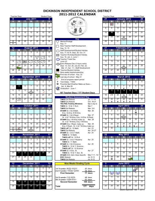 School calendar for 2011-2012 approved by Board ... - Dickinson ISD