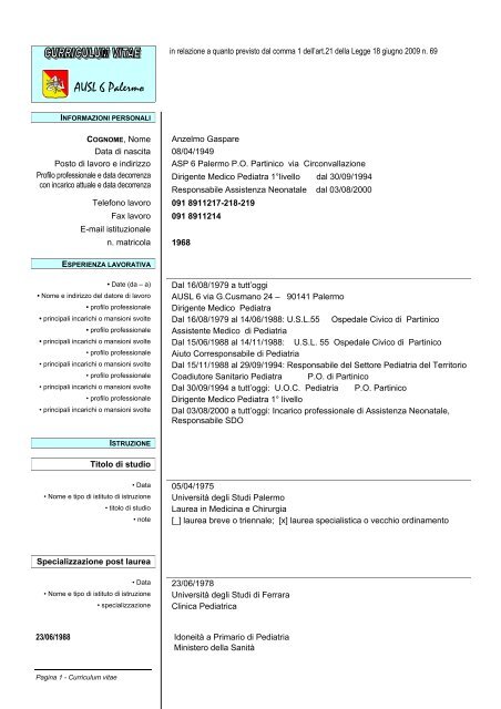 curriculum vitae dott. anzelmo gaspare - Azienda Sanitaria ...