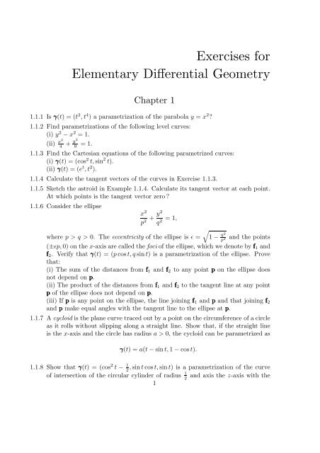 Exercises For Elementary Differential Geometry Springer