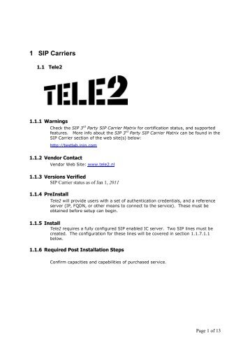 Tele2 SIP Carrier configuration guide - Testlab - Interactive ...