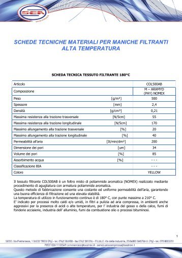 schede tecniche materiali per maniche filtranti alta temperatura - Sea