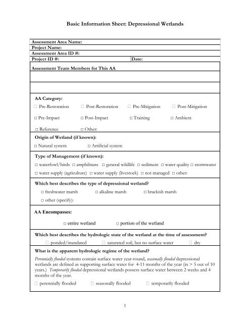 Basic Information Sheet: Depressional Wetlands - Cram