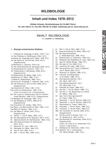 WILDBIOLOGIE Inhalt und Index 1978â2012 12 - Wildtier Schweiz