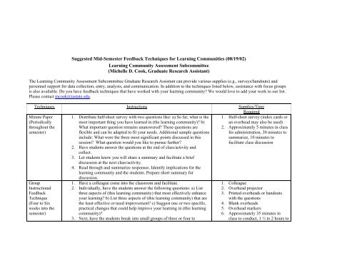 Mid-semester Feedback Techniques (pdf) - Learning Communities