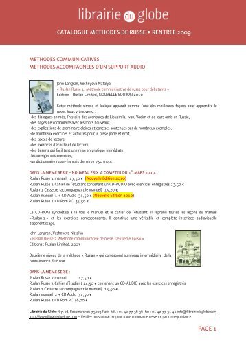 catalogue methodes de russe â¢ rentree 2009 - Librairie du Globe