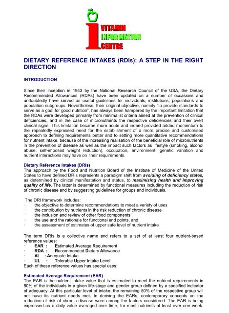 Dietary Reference Intakes Rdis A Step In The Right