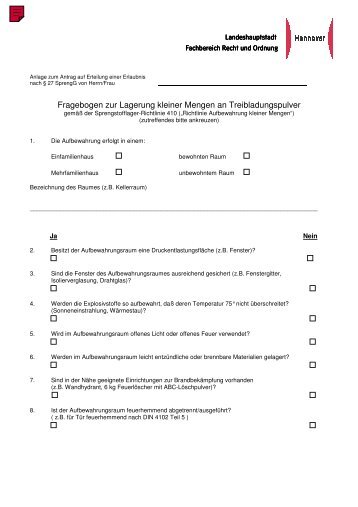 Fragebogen zur Lagerung kleiner Mengen an Treibladungspulver