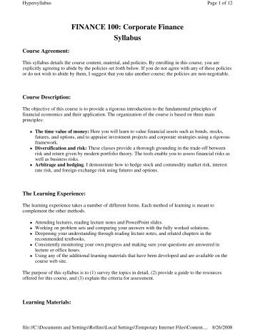 FINANCE 100: Corporate Finance Syllabus - Finance Department