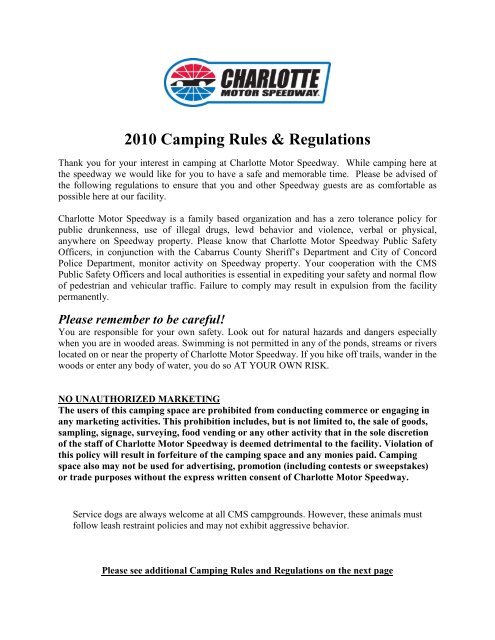2006 Camping Rules & Regulations - Charlotte Motor Speedway