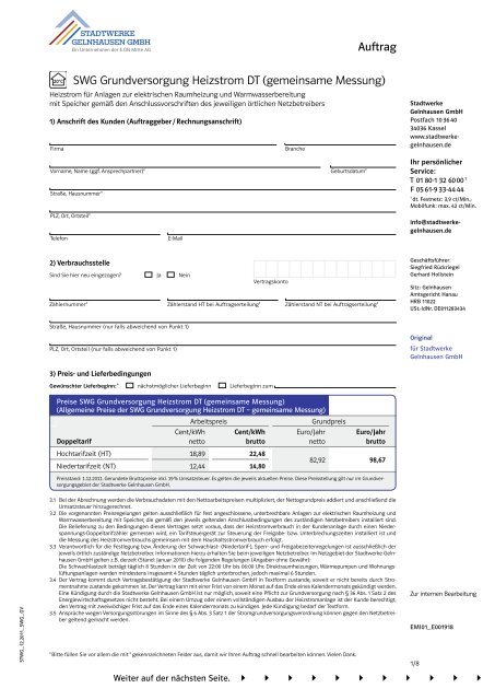 SWG Grundversorgung Heizstrom DT (gemeinsame Messung) Auftrag