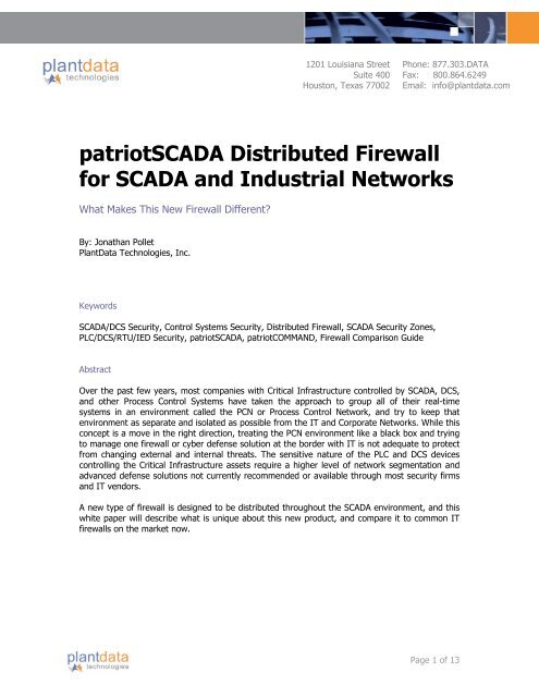 patriotSCADA Distributed Firewall for SCADA and ... - Control Global