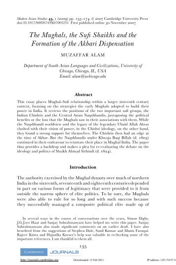 The Mughals, the Sufi Shaikhs and the Formation of the Akbari ...