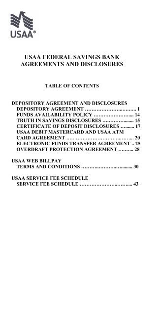 USAA FEDERAL SAVINGS BANK AGREEMENTS AND ...