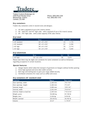 Dry Container Specifications PDF - Traders Custom Brokerage Ltd.