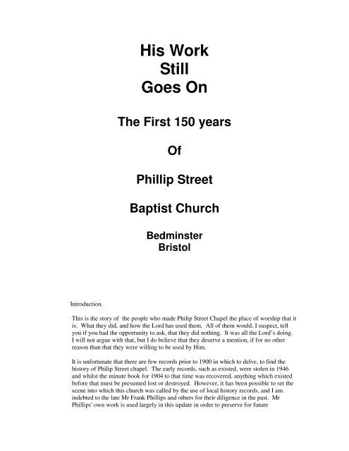 His Work Still Goes On The First 150 years Of - Philip Street Chapel