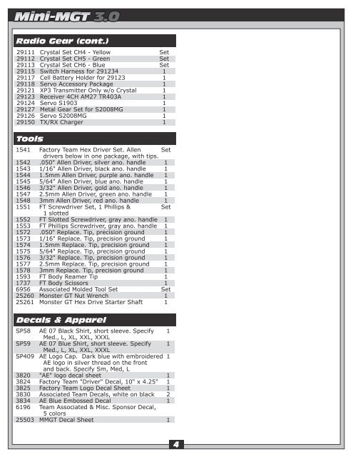 Team Associated Mini MGT 3.0 - Parts List - Arrow Models