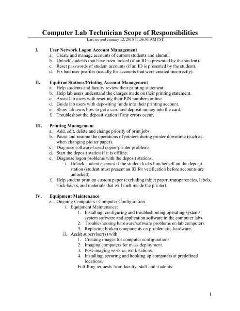 Computer Lab Technician Scope Of Responsibilities At Www My