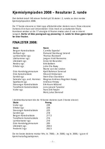 Kjemiolympiaden 2005 Ã¢Â€Â“ Resultater 2 - Universitetet i Oslo