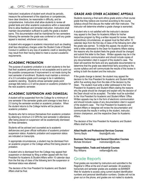 OFTC - FY13 Handbook A Unit of the Technical College ... - OFTC.edu