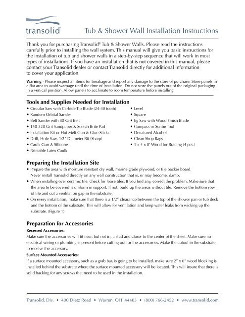 Tub &amp; Shower Wall Installation Instructions - Transolid