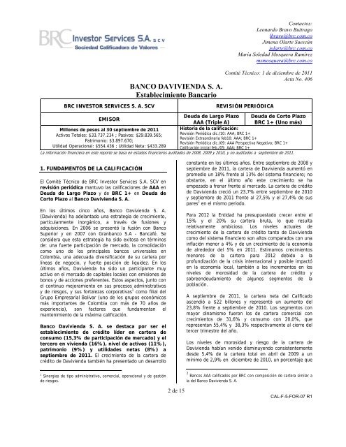 BANCO DAVIVIENDA S. A. Establecimiento Bancario