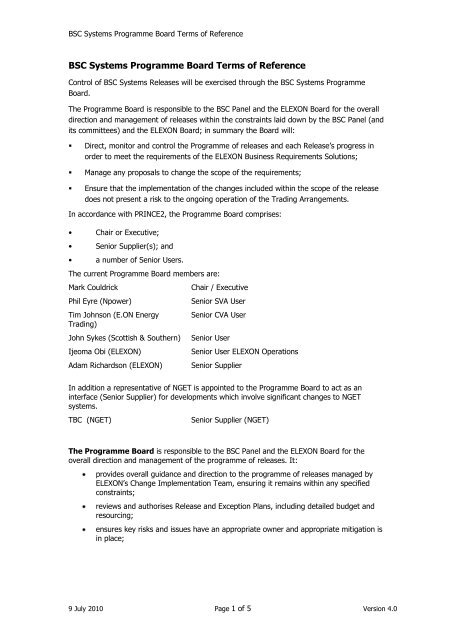 BSC Systems Programme Board Terms of Reference - Elexon