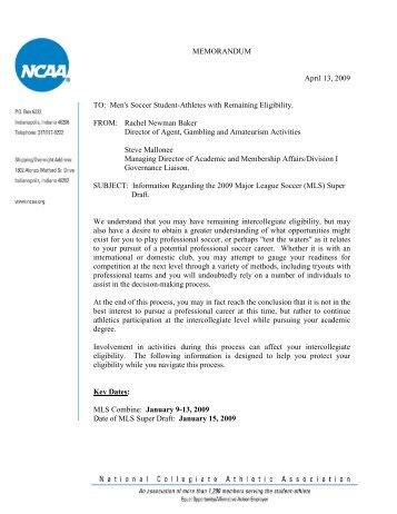 NCAA Second MLS Agent/Draft/Tryout Memo