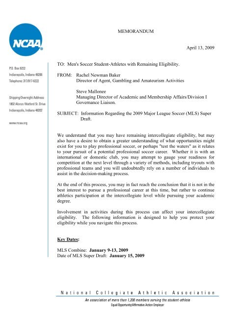 NCAA Second MLS Agent/Draft/Tryout Memo