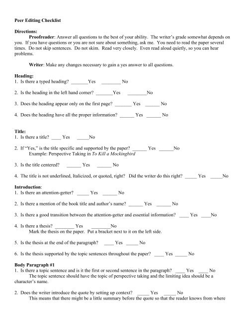 Peer Editing Checklist Directions Proofreader Answer All Questions