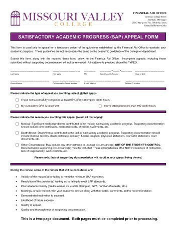 SATISFACTORY ACADEMIC PROGRESS (SAP) APPEAL FORM