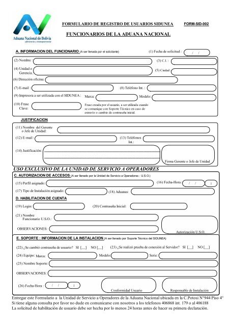 FUNCIONARIOS DE LA ADUANA NACIONAL USO ... - Sidunea