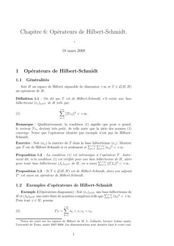 Chapitre 6: OpÃƒÂ©rateurs de Hilbert-Schmidt. - lmpt