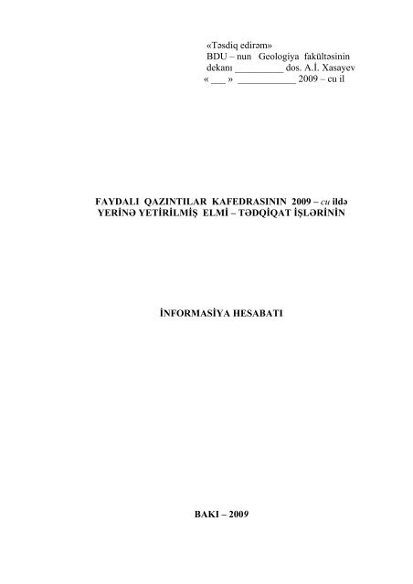 dos. A.Ä°. Xasayev Â« ___ Â» ______ 2009 - BakÄ± DÃ¶vlÉt Universiteti