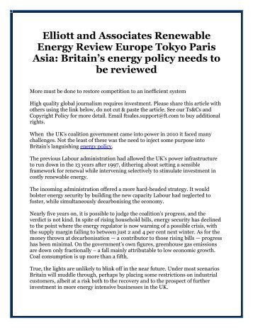 Elliott and Associates Renewable Energy Review Europe Tokyo Paris Asia: Britain’s energy policy needs to be reviewed