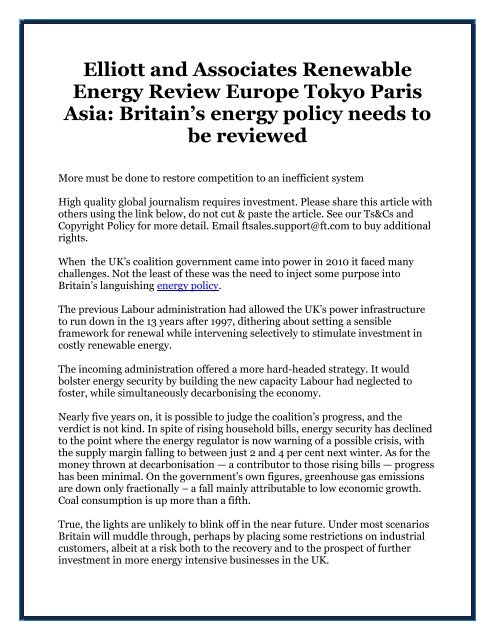 Elliott and Associates Renewable Energy Review Europe Tokyo Paris Asia: Britain’s energy policy needs to be reviewed