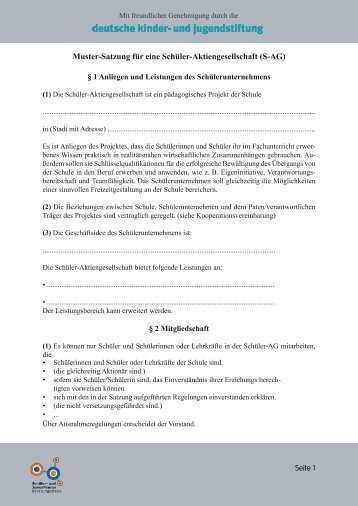 Muster-Satzung fÃ¼r eine SchÃ¼ler-Aktiengesellschaft (S-AG)