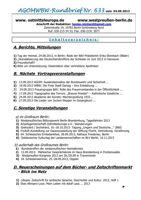 Rundbrief 633 V 03 09 2013 Westpreussen Berlin De