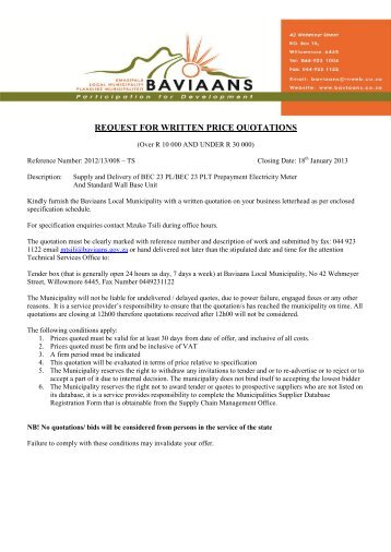 request for written price quotations - Baviaans Municipality