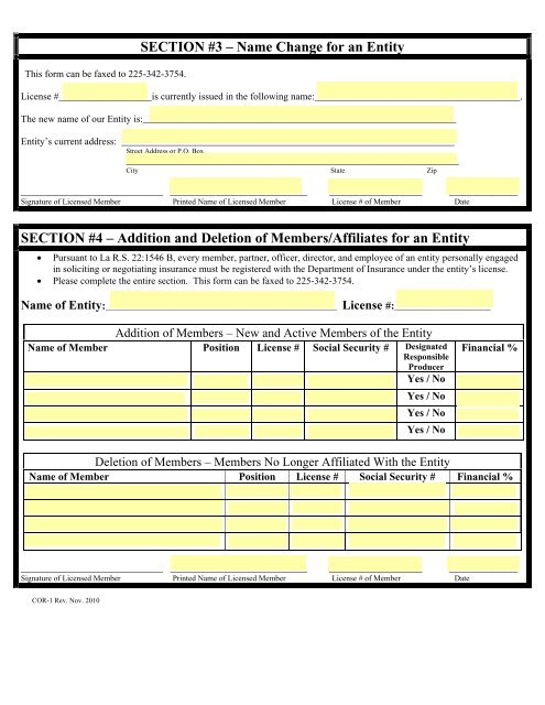 Change of Record Form (COR-1) - Louisiana Department of Insurance