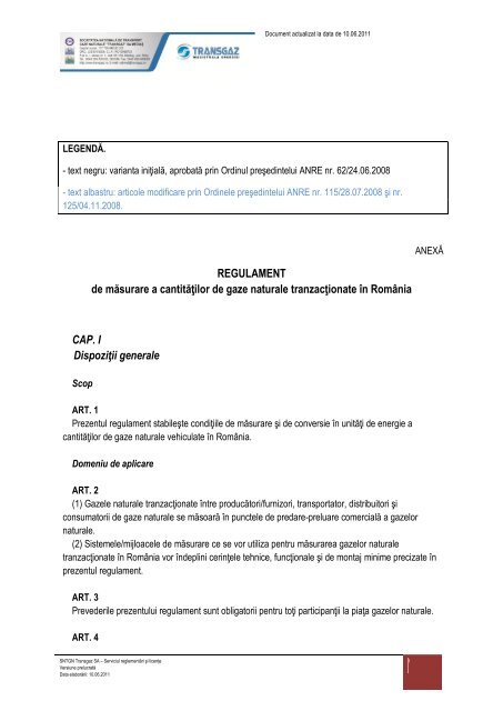 Regulament de masurare a cantitatilor de gaze naturale - Transgaz