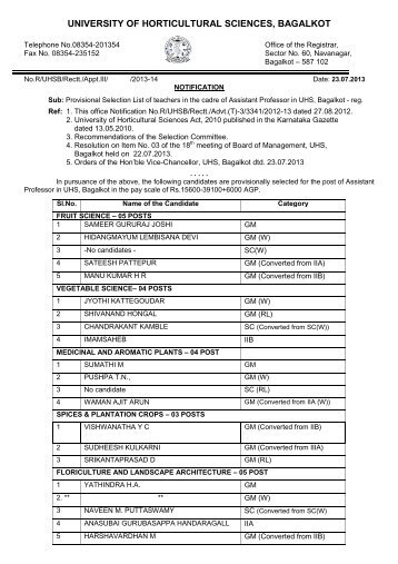 Provisional Selection List for the Post of Assistant Professor under ...