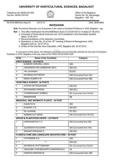 Provisional Selection List for the Post of Assistant Professor under ...